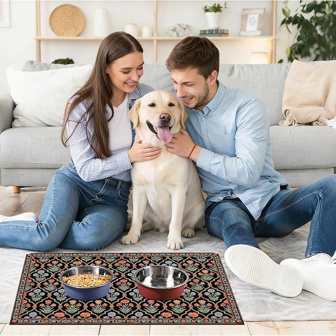 Pet Feeding Mat 20 x 12 Inch, Black Floral Pet Placemat Absorbent Quick-Dry for Food and Water, Waterproof Non Slip Rubber Bowl Pad Mat for Floors