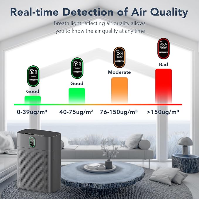 MORENTO Air Purifiers for Home Large Room up to 1076 Sq Ft with PM 2.5 Display Air Quality Sensor for Pet Hair, Double-Sided Air Inlet, 24db, Grey, 1 Pack + 2 Pack Filters
