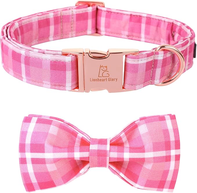 Lionheart glory Pink Plaid Dog Collar, Adjustable Dog Collar with Bowtie, Pet Gift Girl Collar for Dog Soft Bowtie Dog Collars for X-Small Puppy
