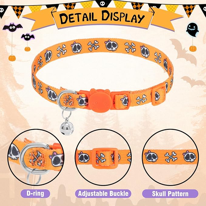 PUPTECK Breakaway Halloween Cat Collar with Bell Charm, 2 Packs Adjustable Kitty Collars Purple & Orange Skull Pattern, Orange Purple, 7.8-11.8 in