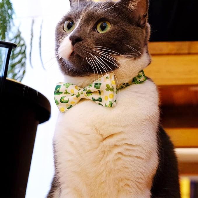 2 Pack St. Patrick's Day Irish Cat Collar with Bow Tie, Holiday Shamrock Clover Collar for Boys and Girls Male Female Kitty Kittens
