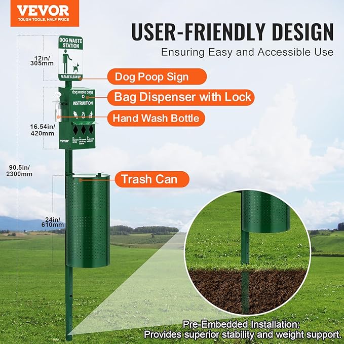 VEVOR Dog Waste Station with Hand Wash Bottle, 11.5 Gallons Pet Waste Bin with 50 Can Liners, Bag Dispenser & 600 Waste Bags, Outdoor Dog Waste Disposal System for Backyard