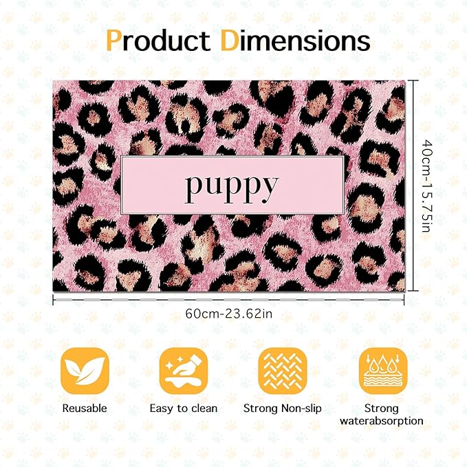 Puppy Feeding Mat 24x16 inch Pink Leopard Print Pet Bowl Placemat Non Slip Floor Mat for Food and Water Indoor Dog Feeding Station Cute Meal Pad for Small Pets Kitchen Use