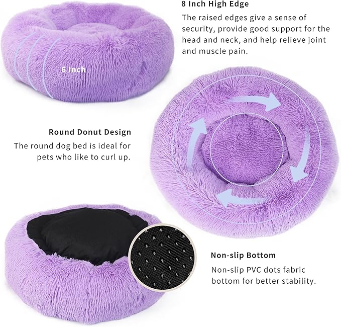 Calming Dog Bed for Medium Dogs Washable Donut 30 inches Anti-Slip Pet Bed,Round Fluffy Plush Faux Fur Cat Bed,Fits up to 45 lbs Pets,Purple