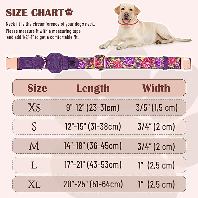 AirTag Dog Collar for Small Medium Large Breed - Adjustable Cute Pattern Dog Collar with Airtag Holder - Soft Leather Tracker GPS Apple Air Tag Pet Collars (Large, 17"-21" Neck Fit, Peonies)