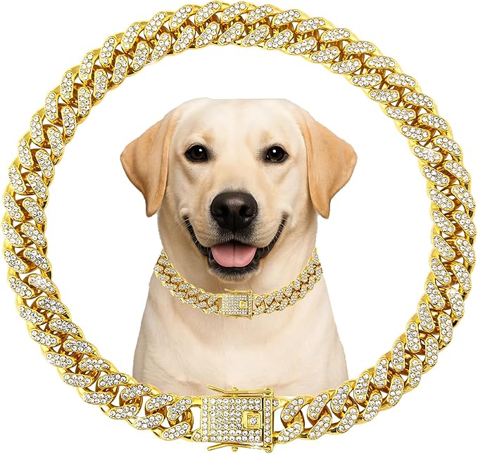 Dog Chain Designer Gold Crystal Pet Collar Cuban Link Chain with Secure Buckle Luxury Adjustable Necklacefor Small Medium Large Dogs Cats(Glod 20inch)
