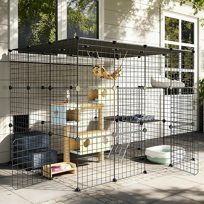 Oneluck 41 Inch Catio Outdoor Cat Enclosure with Super Large Enter Door, Balcony Cat Playpen with Platforms,DIY Outside Cat Patio Large Exercise Place Ideal for 1-3 Cats