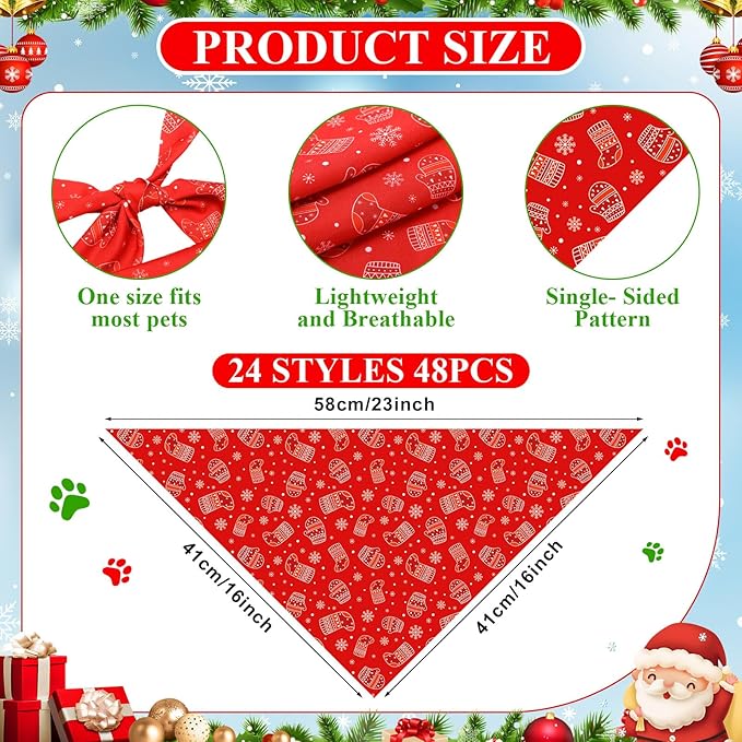 Sanwuta 48 Pcs Christmas Dog Bandanas Bulk Xmas Dog Bandanas Adjustable Snowman Santa Elk Colorful Scarf Handkerchief Bib Accessories for Small Medium Large Breeds Pet Costume Accessories