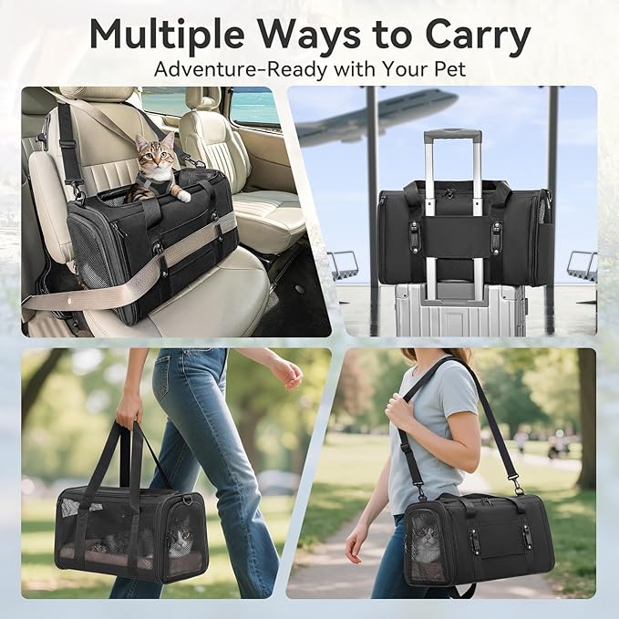 PETSFIT Soft-Sided Cat Carrier with Patented Safety Buckles, Lockable Zippers & Safety Tether,Escape-Resistant Travel Pet Carrier for Car Rides & Vet Visits, Airline Approved Under-Seat, Up to 12 lbs