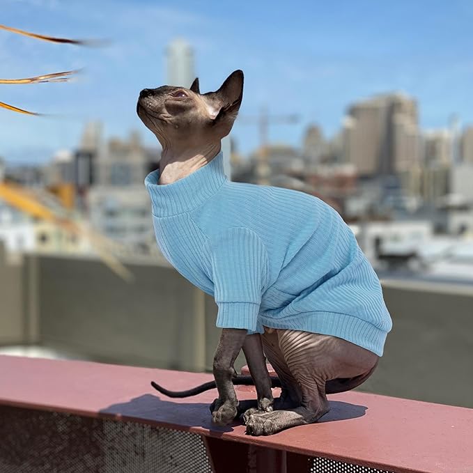 PUMYPOREITY Cat Clothes, Stretchy Cat Shirt, Cat Sweater with Sleeves, Sphynx Cat Clothes, Soft Cat Shirts for Cats Only, Pullover Cat Pajama for Sphynx Hairless Cat, Devon Rex, Blue, S