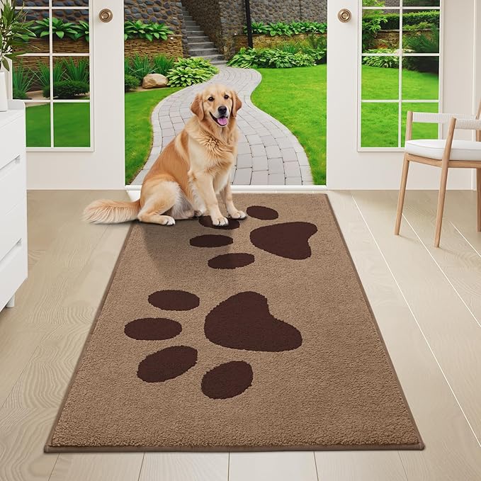 Buganda Dog Door Mat for Muddy Paws, Absorbent Dirt Trapper Washable Indoor Doormats, Non Slip Low-Profile Mud Mat for Dogs, Front Entrance Doormat for Inside Floor (47x24 Inches, Beige)
