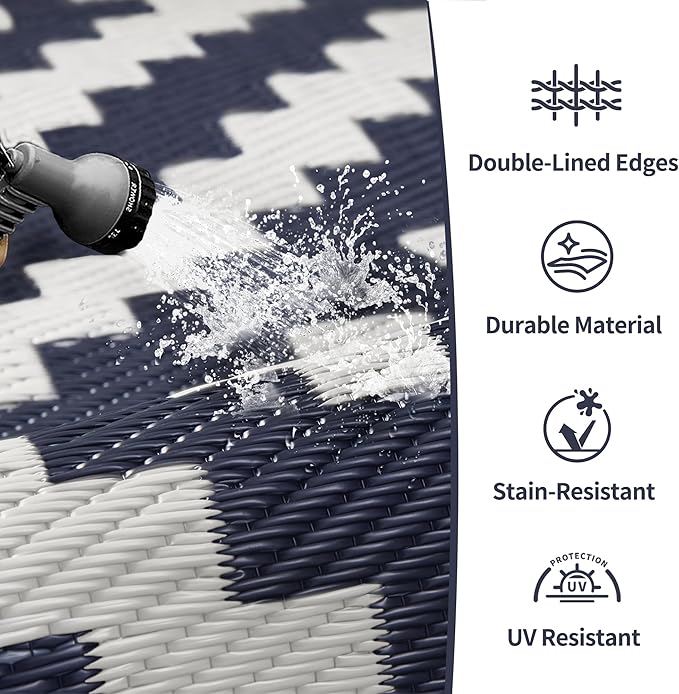 GENIMO Outdoor Rug for Patio Clearance,6'x9' Waterproof Mat,Reversible Plastic Camping Rugs,Rv,Deck,Porch,Camper,Balcony,Backyard (Navy Blue & White)