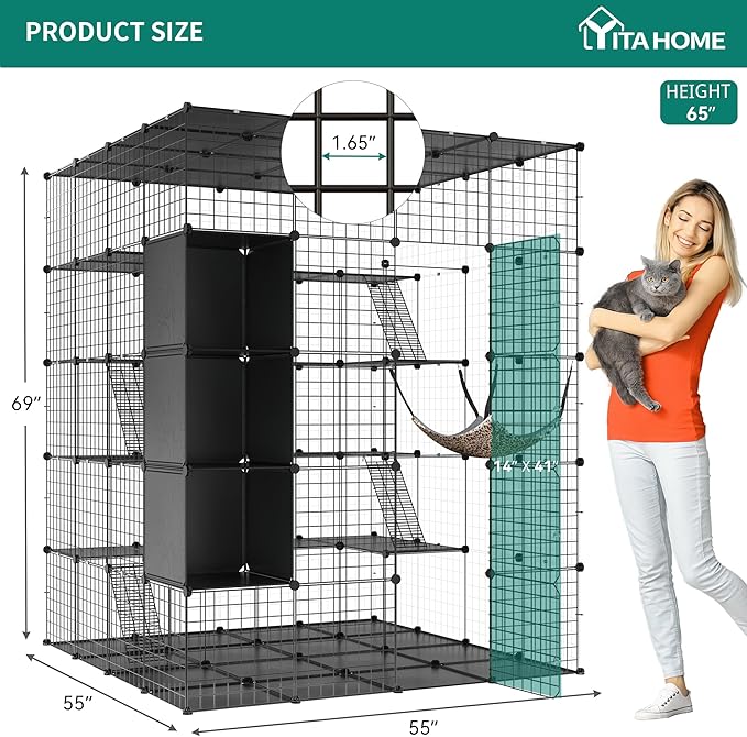 YITAHOME Cat Cage Indoor Large with Storage Cube DIY Outdoor Catio Cats Enclosures Metal Cat Playpen with Hammock Platforms for 1-4 Cats 5 Tiers Cat Kennel