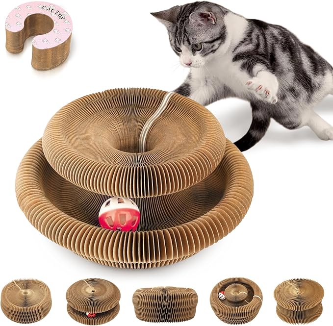 Collapsible Cats Cardboard Scratcher, Interactive Cat Toys for Indoor Cats, Scratch Pad Shape Shifting Ball Track with Bell, Magic Organ Cat Toy for Chase & Scratch Paw Easter Toys for Kitties Pink
