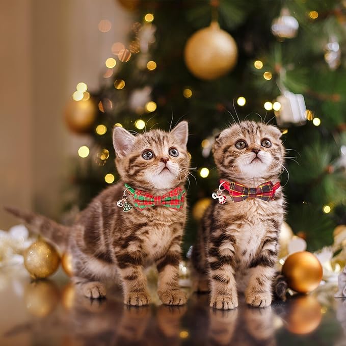 ADOGGYGO Christmas Cat Collars with Bow Bell, Breakaway Red Green Plaid Christmas Bowtie Collars for Girl Boy Cats Kittens