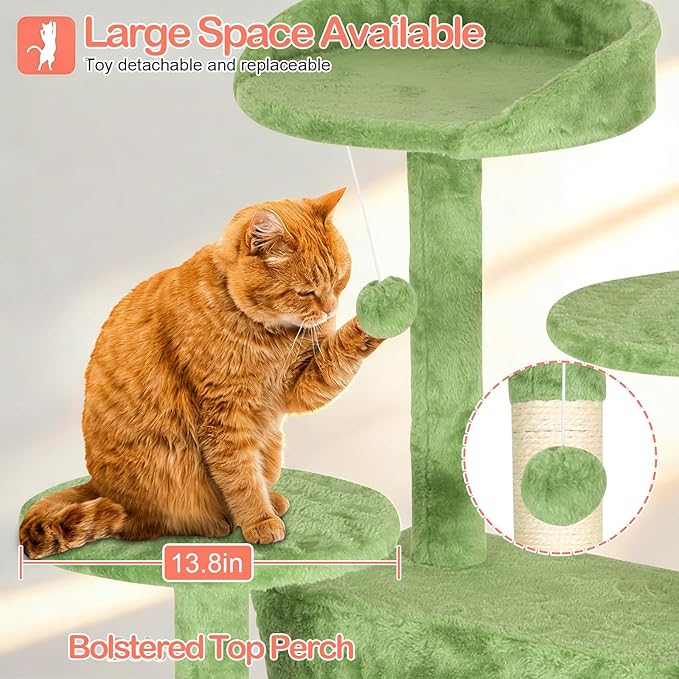 54in Cat Tree Cat Climbing Tower with Scratching Post, Cats House Perch Kitten Tree Condo Wood Playhouse, Pet Trees Tower for Indoor Cats, Green