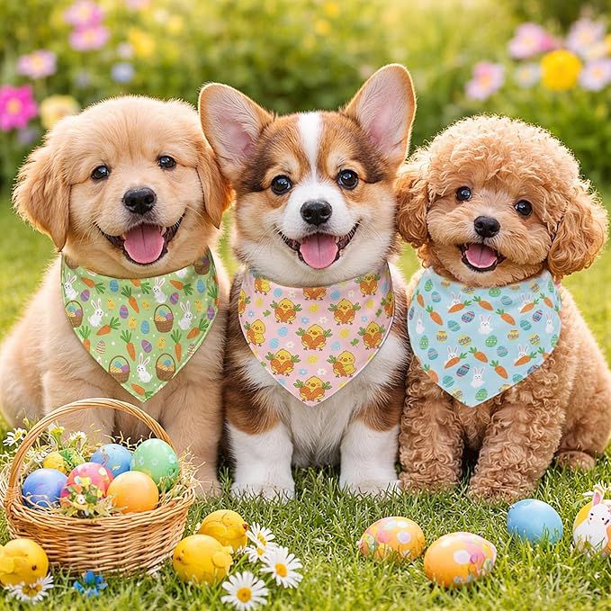 Abbylike 50 Pcs Easter Dog Bandanas Bulk Bunny Egg Carrot Bandanas for Dogs Triangle Kerchief Bibs Scarf Set for Pet Easter Costume Photo Props Accessories Pet Shops, 25 Styles (19.7 x 13.8 x 13.8)