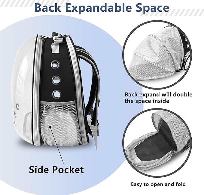 Cat Backpack Carrier Back Expandable Bubble Pet Carrier Backpack for Large Cat, Kitten and Dog, Designed for Hiking, Travelling and Outdoor Use (Back Expandable-Black)