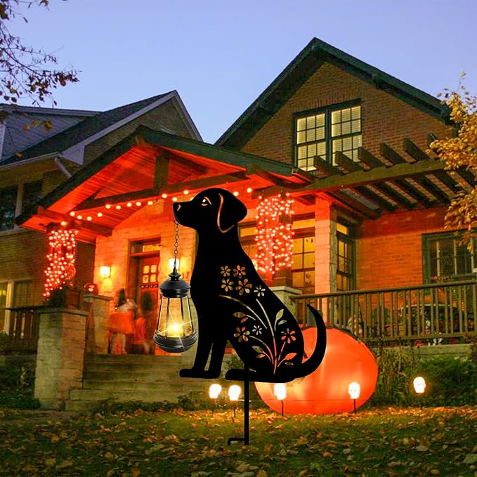 Bshine Dog Solar Light Outdoor Garden Decoration, Waterproof Metal Stake Black Outdoor Statue Lantern, Lawn Ornaments for Yard, Path, Patio, Sculpture Black Dog Gift Halloween Decor Housewarming Gift