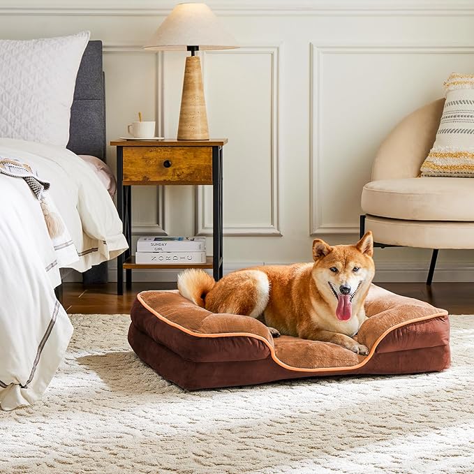 Sweetcrispy Orthopedic Dog Bed, Large Memory Foam Puppy Cat Bed with Washable Waterproof Removable Cover & Non-Slip Bottom for Pet Calming Sleeping (35"x25", Brown)