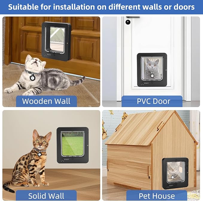 Smart Cat Door for Interior & Exterior, Cat Pet Door with 3 Collar Sensor Keys & 1 Remote Control & 4 Way Locking Cat Flap with RFID Collar Activated Opening