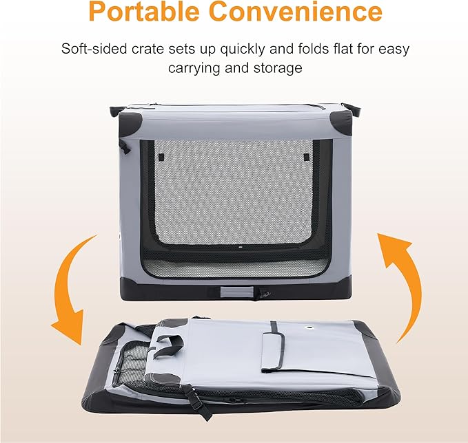 Dog Travel Crate 30 Inch, Portable Soft-Sided Travel Carriers for Dogs and Cats, Foldable Pet Kennel with 3-Doors Mesh Windows Indoor & Outdoor, Grey