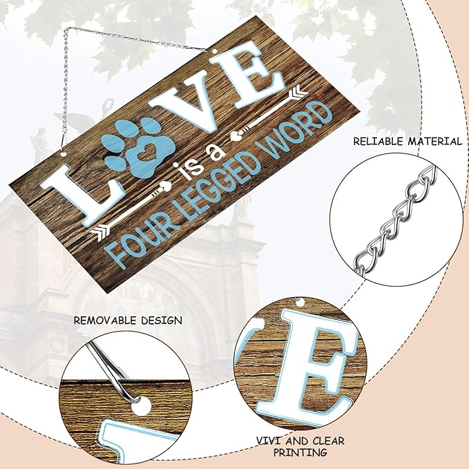 Dog Wall Decor Room Love Is a Four Legged Word Pet Paw Sign Dog Vintage Metal Hanging Decorative Signs Plaque Wall Decorative for Christmas Pet Lover Gifts Thanksgiving(12 x 6 Inch)