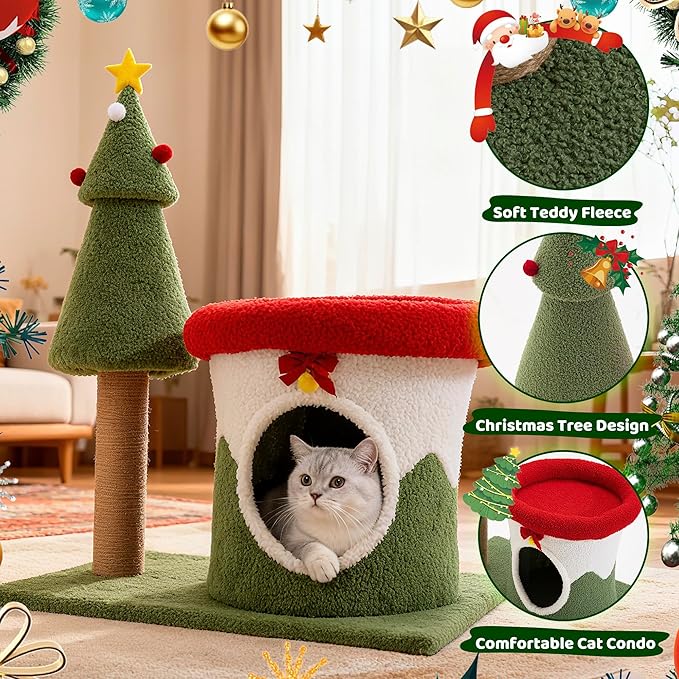 COSIEST 30in Christmas Cat Tree for Kittens, Kitty Condo with Top Perch, Small Cat Tree House with Sisal Scratching Posts, Cat Safe Christmas Tree Tower for Indoor Cats, Activity Center, Red & Green