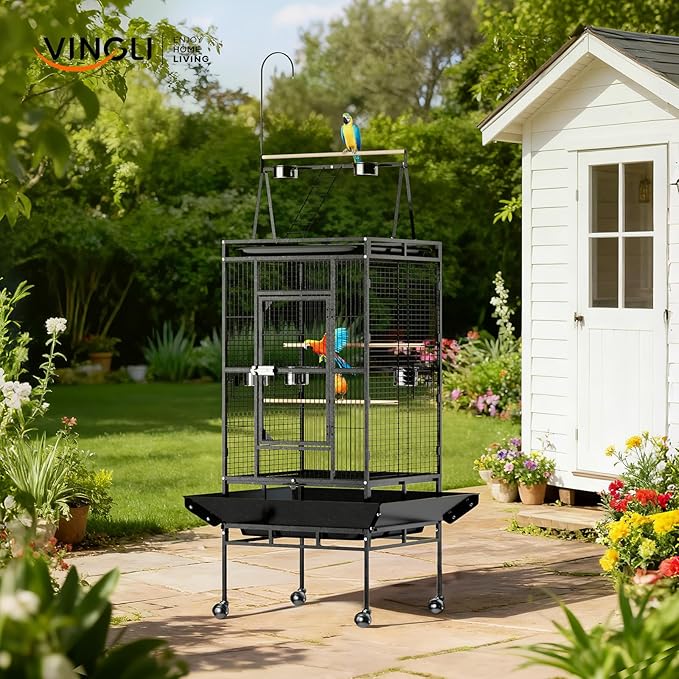 VINGLI 83 Inch Bird Cage with Play Top, Large Wrought Iron Bird Cage with Wheels, Rolling Parakeet Cage with Removable Tray for Cockatiels Lovebird Finches Canaries