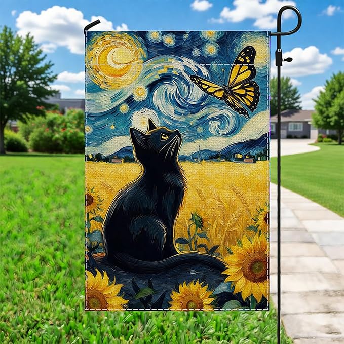 Spring Summer Garden Flag Van Gogh Starry Night Black Cat Banner - Monarch Butterfly Sunflower Art Outdoor Decor for Porch Yard Patio Decorations