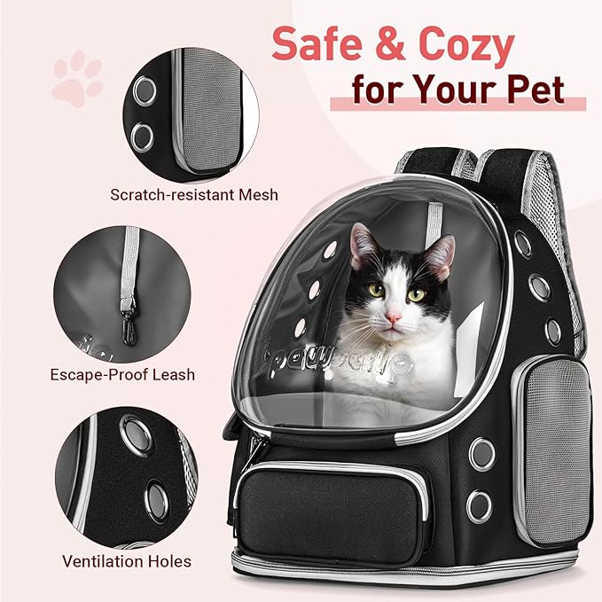 Pawstrip Cat Backpack Carrier with Large Space Bubble Window, Airline Approved Breathable Pet Carrier for Small Dogs Cats up to 15lbs, Foldable for Travel Hiking & Outdoor Use