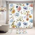 4 PCS Blue Floral Birds Bathroom Set with Shower Curtain and Rugs 72Wx72H Inch Classical Watercolor Non-Slip Bath Rug Toilet Lid Cover and U Shape Mat Accessories 12 Hooks Bathoom Decor