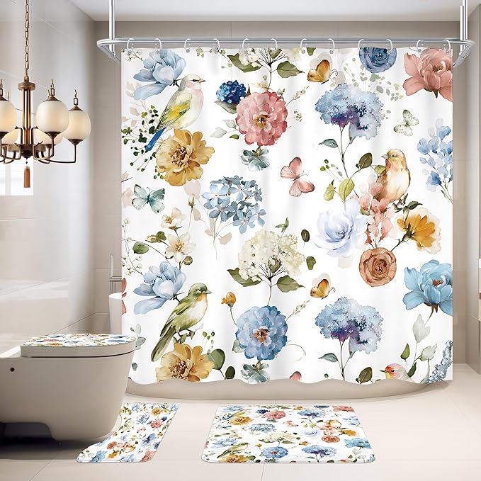 4 PCS Blue Floral Birds Bathroom Set with Shower Curtain and Rugs 72Wx72H Inch Classical Watercolor Non-Slip Bath Rug Toilet Lid Cover and U Shape Mat Accessories 12 Hooks Bathoom Decor