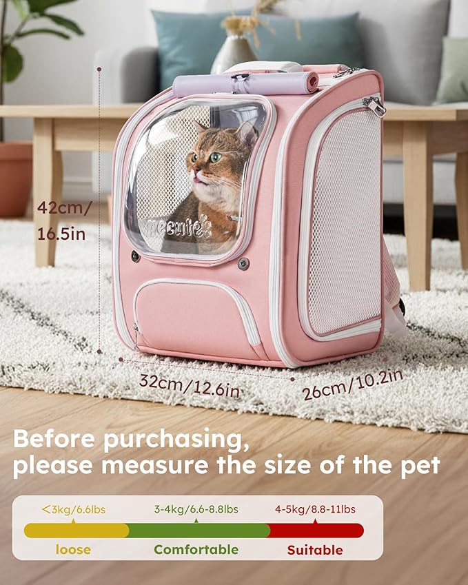 Pecute Cat Backpack Carrier, Large Space Cat Bubble Backpack, Breathable Cat Carrier, Shaded Dog Backpack Carrier, Ergonomic 3D Design for Travel, Hiking, Walk, Suitable for Shopping, Car, Vet, Pink