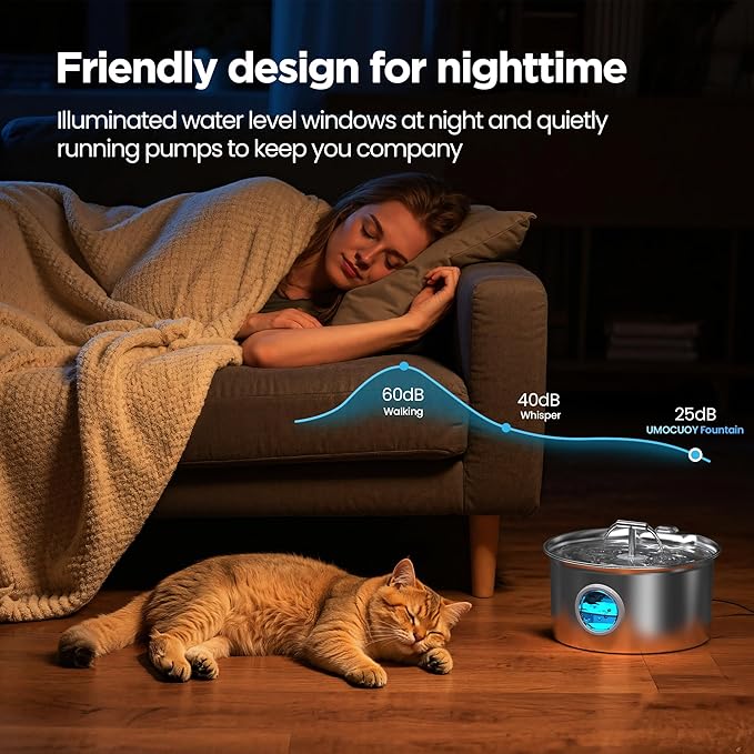 Cat Water Fountain Stainless Steel: 2.6L Cat Fountain for Drinking - Pet Water Fountain for Cats Indoor - Automatic Pet Water Dispenser Bowl - Best Auto Feeding Supplies Gift for Small Dog Large Kitty