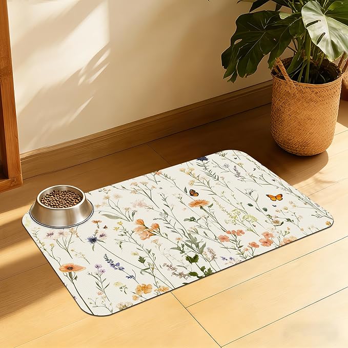 Vintage Wildflowers Herbs Pet Feeding Mat, Absorbent Bowl Pad, Quick Dry, Non-Slip Base, No Stains – 12x20 Inch