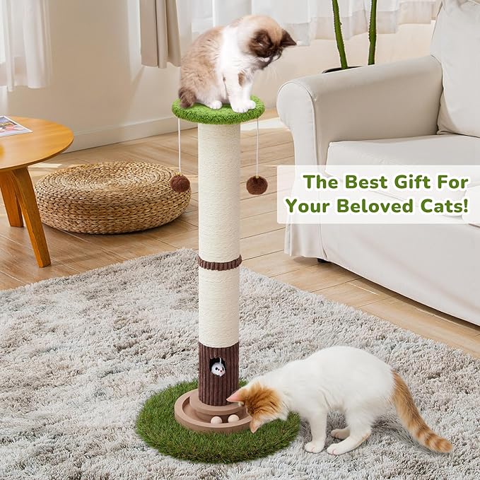 34inches Tall Cat Scratching Post with Cat Ball Track Toy Heavy Duty and Thicker Large Diameter Natural Sisal Cat Scratcher Post for Indoor Cats Protect Your Furniture