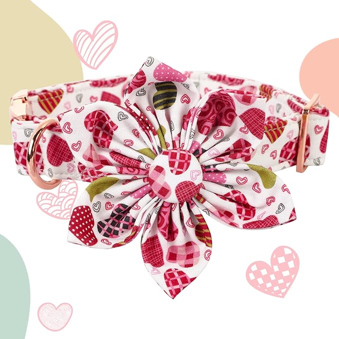Lionheart Glory Heart Dog Collar, Valentine's Day Dogs Collar with Flower, Cute Floral Pattern Pet Collars Adjustable Dog Collars for Small Dogs