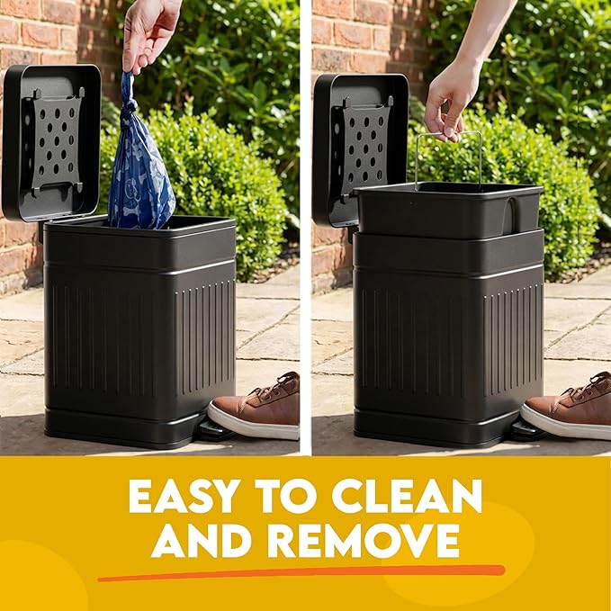 Small Dog Poop Trash Can Outside, 1.3 Gal Stainless Steel Dog Waste Trash Can, Waterproof Small Poop Bucket Outdoor with Lid, Poop Pail for Dogs, Dog Poop Bin Outdoor with Odor Control (Black)