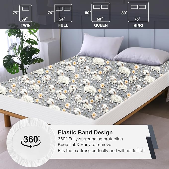Waterproof Mattress Protector Full, Fitted Sheet Style Breathable Mattress Cover with Deep Pocket Fits Up to 18'', Noiseless Bed Cover for Kids Adults Pets, Machine Washable (Sheep, Full)