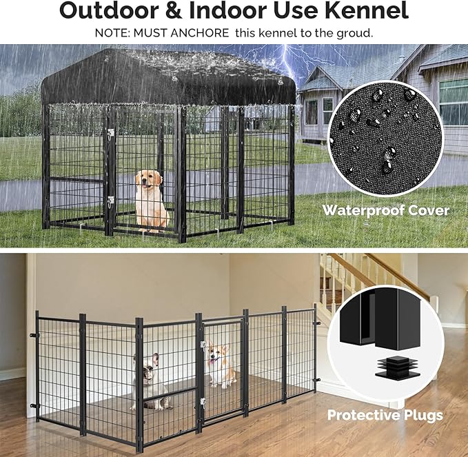 Sino Luban Outdoor Dog Kennel Outside Run with Doggy Door&Waterproof Roof - 4x4x4.6FT Large Dog Kennels Pens Outside for Small/Medium Dogs - Heavy Duty Cage Yard (Can Connect to Your Dog House)