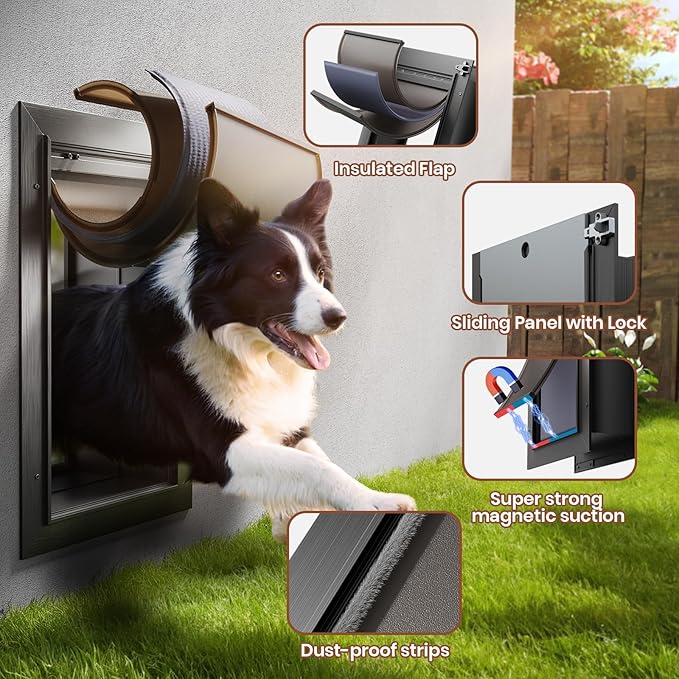 3-Flap Dog Door, All Aluminum Alloy Large Doggy Door Doggie door for Wall, Heavy Duty Pet Door Easy to Install, Energy Efficient, Telescoping Tunnel for Interior & Exterior Wall, Pet Up to 110Lb-Black