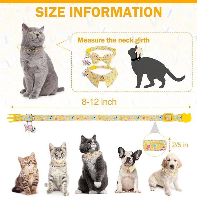 Cat Collar Breakaway with Bells, Gold Butterfly, 2 Pack Soft Butterfly Kitten Collar with Removable Shirt Collar, 8-12Inch