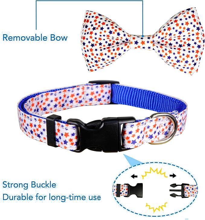 4th of July Dog Collar and Bow Tie Set Adjustable Pet Collar for Small Medium Large Dogs Independence Day Dog Accessories for Boys & Girls Red White Blue USA Theme