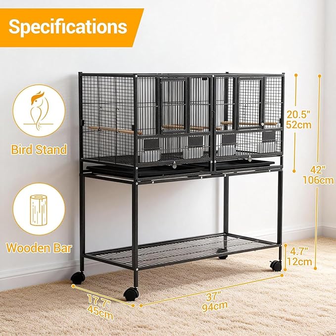 43 Inch Bird Cage with Wooden Perches, Standing Wrought Iron Birdcage with Wheels, Large Parrot Cage Bird Cages with Slide-Out Tray Water Bottle Feeder for Parakeets,Cockatiel, Canary,Pigeons