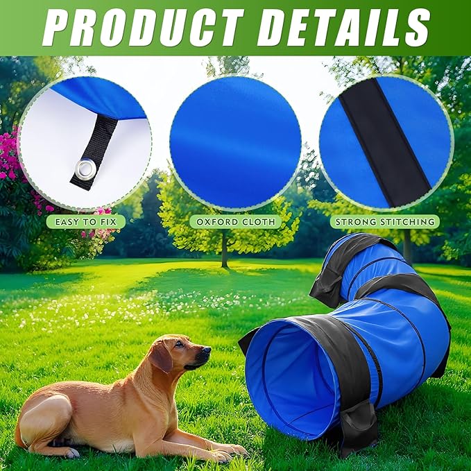 28 in 10 Foot Blue Extra Large Dog Agility Tunnel with Sandbags Dogs Agility Training Equipment Tunnel with 3 Pack Sandbags Carry Bag and 4 Ground Spikes for All Medium and Large Dogs