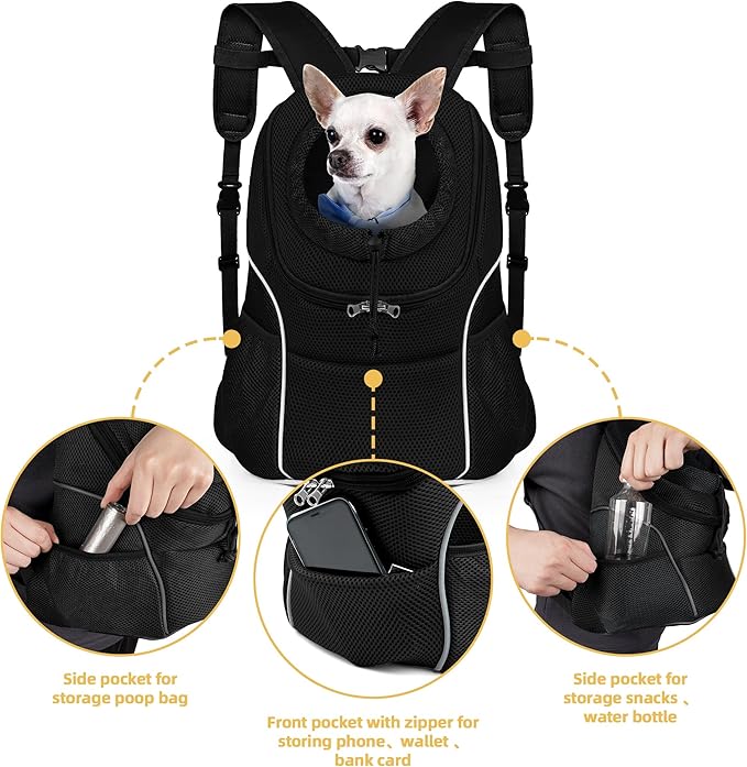 WOYYHO Pet Dog Carrier Backpack Small Dog Front Backpack Ventilated Dog Carrier Back Pack with Storage Pockets, Adjustable Straps & Safety Belt for Travel Hiking Outdoor (Size M: 5-9 lbs, All Black)