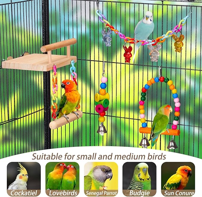 11Pcs Bird Platform Stands Swing Hanging Chewing Toy Parrot Climbing Ladder Colorful Bird Cage Toys for Parakeet, Conure, Cockatiel, Love Birds, Finches