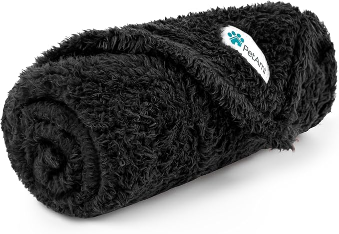 PetAmi Fluffy Soft Dog & Cat Blanket - Black Sherpa Fleece, Calming Pet Blanket for Couch, Small 24x32