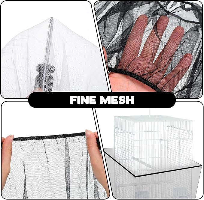 2pcs Large Bird Cage Seed Catcher Guards, Breathable Airy Nylon Mesh Material, Prevents Seed Mess, Acts as Stretchy Cage Guard, Fits Budgie, Cockatiel Various Bird Species (Black, White)
